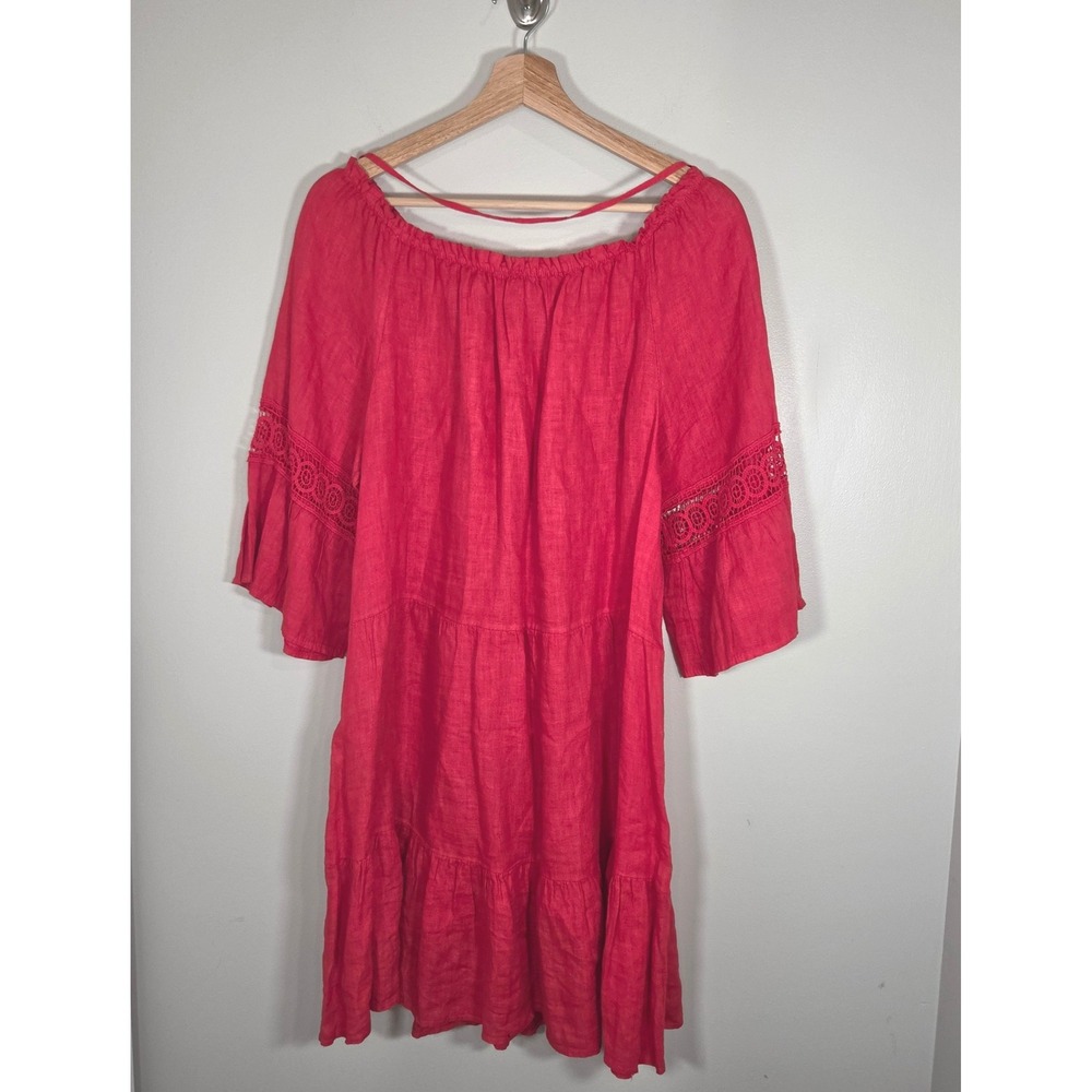 Terzo Millennio Red 100% Linen Boho Tiered Dress Made in Italy Women's Medium